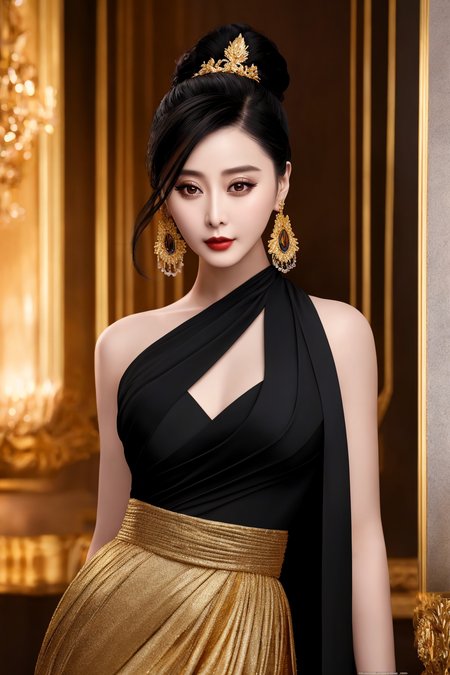 Masterpiece, high quality, 4K, beautiful design, shiny, from the front, award winning photo, extremely detailed, amazing, fine detail, absurdres, highly detailed woman, extremely detailed eyes and face, by lee jeffries nikon d850 film stock photograph 4 kodak portra 400 camera f1.6 lens rich colors hyper realistic lifelike texture dramatic lighting unrealengine trending on artstation cinestill 800 tungsten, solo, 1girl,
fanbingbing, a woman in a black dress and gold jewelry , wearing fanbingbing fashion
 <lora:FanFashion:0.8>