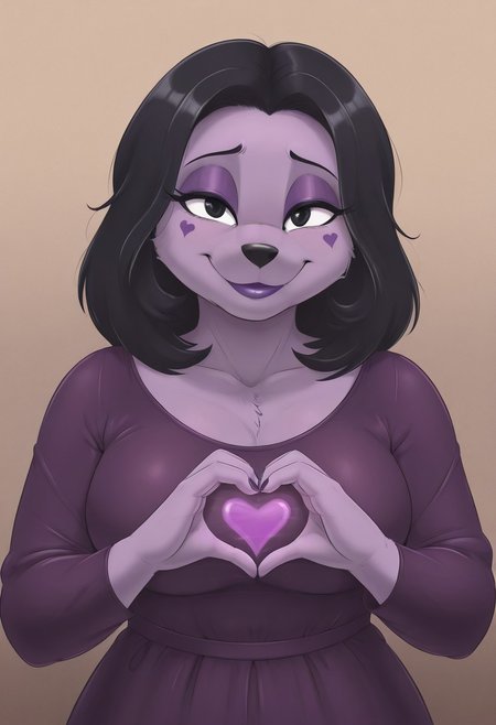 fleshtones23, 1girl, solo, medium build, medium hair, sfw, safe for work, covered skin, flowy dress,  black eyes, purple lipgloss, smiling, portrait, upper body, heart hands, mature female, foreshortening, detailed, newest, furry female, furry, anthro
