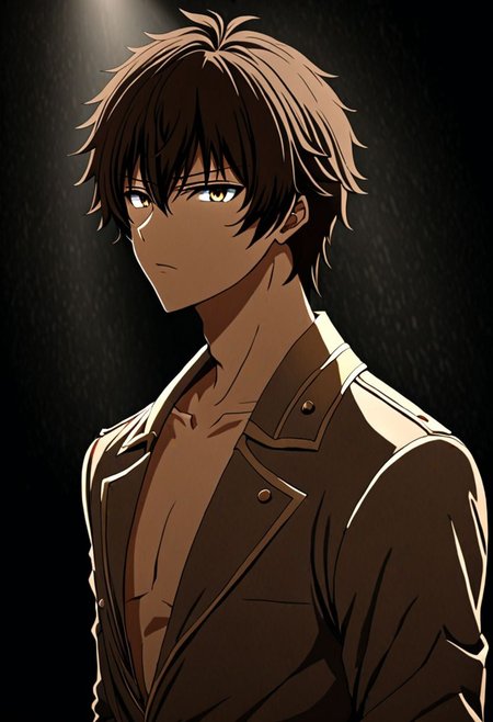 high resolution, solo, best quality, 1Boy, Seiya Kanie, Brownish Hair, cool, Mysterious black background, Movie lighting, a sense of atmosphere, OverallDetail