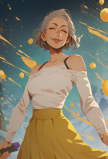 source_anime, score_9, score_8_up, score_7_up, 1girl, mature_female, solo, Dancing in a hip hop style, atmospheric perspective, (Yellow bubble skirt), gray hair, cropped shoulders, rating_safe, <lora:sdxl\pony diffusion\artist_styles\incase_new_pony:1.0>