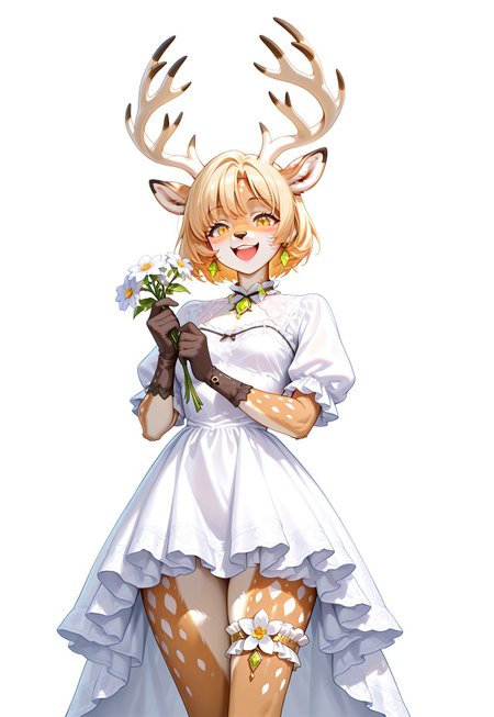 masterpiece, best quality, absurdres, very aesthetic, high score, anptzisksk, isekai, 1girl, solo, looking at viewer, smile, short hair, open mouth, blonde hair, simple background, gloves, white background, dress, holding, jewelry, yellow eyes, flower, earrings, small breasts, frills, white dress, thigh strap, deer antlers, furry female