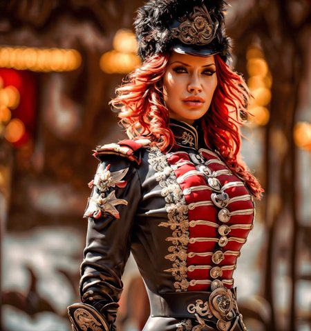 RAW photo, (masterpiece:1.3), subsurface scattering, heavy shadow, (high quality:1.4), (intricate, high detail:1.2), professional photography, HDR, High Dynamic Range, realistic, ultra realistic, photorealistic, high resolution, film photography, ambient lighting, atmospheric effects, <lora:detail_slider_v4:2>, OverallDetail, BiancaB, <lora:BiancaB:1>, red curly hair, belt, boots, epaulettes, femun, gloves, hat, looking at viewer, makeup, ((red)) uniform, soldier, solo, standing, upper body shot, , <lora:FemaleUniform:1>,  epiCPhoto