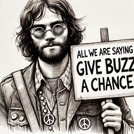 Sketch of 1960's male musician hippie with long hair and round eyeglasses looking at viewer and holding a sign that says "All We Are Saying Is Give Buzz A Chance".