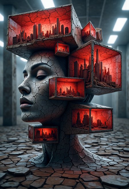 naturecyberpunk image of a woman with her head covering behind glass cubes with red lighting inside cityscape on top and buildings in back ground below her, urban scene, ,dry earth, ral-drath, <lora:ral-drath-flux:1>, cinematic lighting, glossy paper, iso150,  35mm, score_9, score_8_up, score_7_up,  intricate details, Hyperrealism style, 3d, concept-art, dreaminess, psychedelic, shallow-depth-of-field, cinematic lighting, soft bokeh, very beautiful composition, Unreal, real-time 3D, Epic Games style, Unreal Engine style, 3d-rendering, vibrant contrast  depth and shadow enhanced using (Gaussian blur) for a soft background focus, (sharpen filter) applied, (color grading) to enhance contrast between warm and cool tones, (noise reduction) for a smooth, clean finish, (HDR toning) used for extra depth and detail, highly detailed dreamy background detailed skin texture, subsurface scattering award-winning, professional, highly detailed . dreamlike, mysterious, provocative, symbolic, intricate, detailed, hyper-detailed, masterpiece, award winning, midjourneyv6.1