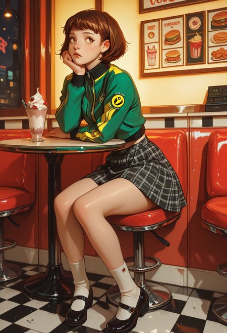 masterpiece, <lora:lerapi_ill:1>, <lora:MoriiMee_Gothic_Niji_Style_Illustrious_r1:1>, lerapi, artist:moriimee ,  (grunge_anime), masterpiece , curious expression , persona, persona_4, satonaka_chie, 1girl, brown_eyes, brown_hair, green_jacket, houndstooth, jacket,mary_janes, pleated_skirt, school_uniform, shoes, short_hair, skirt, socks, track_jacket, white_socks, yasogami_school_uniform , local_diner, booth_seats, american_food, evening_lighting, retro_decor, checkered_floor, milkshake