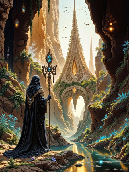 epic high fantasy scene, inspired by classic landscape artists with elements of romanticism, oil on canvas, low angle view emphasizing the dramatic scale, and a sense of awe in the presence of natureâs grandeur, dappled sunlight, a secluded otherworldly valley in a mystical world, framed by steep, towering cliffs covered in lush, ancient flora, leading the eye toward a distant, grand spire that rises majestically on the horizon, in the foreground, a lone figure dressed in flowing, ornate black robes stands by a reflective pool, gazing toward the distant spire, the valley floor is scattered with moss-covered rocks and shallow pools that mirror the soft, filtered light from above, bioluminescent plants in shades of teal to cyan line the cliff edges, casting subtle blue glows that blend harmoniously with the warm, natural tones of the landscape, the distant spire is partly veiled in mist, evoking a mysterious, ancient quality, the hooded figure embodies the romantic spirit of manâs smallness before nature, standing in quiet reverence, as if on a pilgrimage through a forgotten world, the figure wears a dark, flowing luxurious robe with a hood and holds a long ornate symmetrical staff with a large gleaming sapphire, adding an air of mystery, her stance is still and purposeful, suggesting a moment of introspection or awe as she takes in the sublime view before her, the format is a medium-long shot with a low angle view to enhance the towering cliffs and spire, creating a dramatic perspective that emphasizes the sheer scale of the landscape, with the viewer looking slightly upward, adding to the impression of vastness and grandeur, a soft, golden light suffuses the scene, reminiscent of early morning, casting gentle highlights across the foliage and creating a warm glow on the figure and rocks, the faint blue of the bioluminescent flora contrasts with the warm tones, adding a mystical quality to the scene, delicate mist drifts between the cliffs, enhancing the ethereal, dreamlike atmosphere, traditional oil on canvas, with rich, layered brushstrokes capturing the textures of the cliffs, foliage, and soft reflections on the water, subtle transitions between light and shadow evoke a sense of depth and mystery, high attention to detail in the plants and figure, while the distant elements are painted with a softer focus to draw attention toward the foreground, amanoer, style of charles-francois daubigny, <lora:style-charles-francois_daubigny-flux-by_tangbohu:0.44> <lora:style-yoshitaka_amano-elden_ring-flux-by_alicient:1.0> <lora:style-fantastic_landscapes-flux-by_artifyai:0.4> <lora:epic_gorgeous_details-balance-flux-by_flyway:0.8>