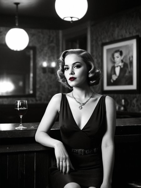 Analog photo of a woman looking like Annie_Crow_P_MXAI_SDXL , red lips, dramatic makeup, sitting on a stool in a bar, 1930s speakeasy, holding a glass of red wine, mad-sincity, noir, B&W, volumetric smoke in the background, glam,