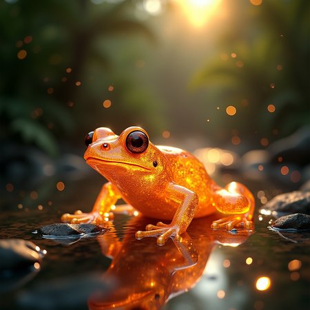 a closeup of a translucent glass frog that is also on fire. RTX graphics, realistic 3d render. high detail, jungle background next to a river full of glitter, bright sun illuminating the scene. award winning digital composition.