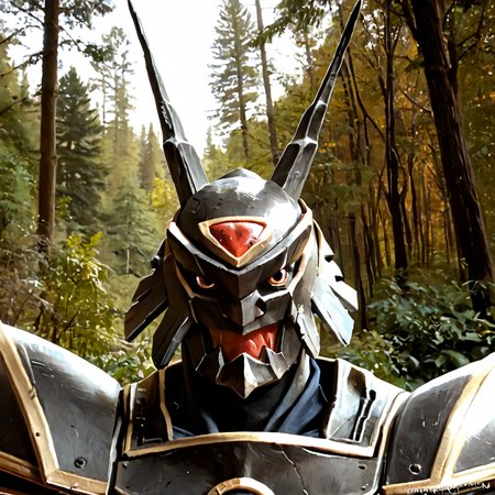 score_9, score_8_up, score_7_up, score_6_up, score_5_up, score_4_up, rating_safe,RAW,photo,cinematic,realistic,film grain,alphamon,solo,portrait,outdoors,forest, <lora:AlphamonPony:1>
