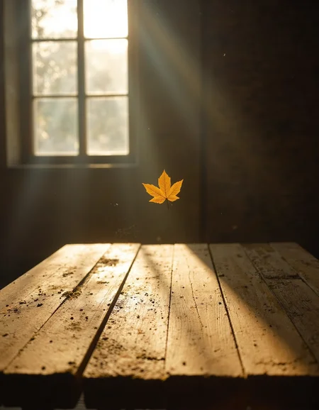 Single golden autumn leaf floats gently in mid-air above weathered wooden table, hovering briefly before settling softly onto worn planks; delicate patterns of moss and lichen adorn ancient surface; warm sunlight casts intricate rays through nearby windows bathing scene in soft glow; faint wisps of smoke drift from fireplace at opposite end, adding layer of coziness; gentle dust particles dance in light; quiet stars begin to appear night sky visible beyond window; delicate droplets form on spider web glistening; air is crisp with autumn scent. Single floating leaf, moss-covered table, warm sunlight.