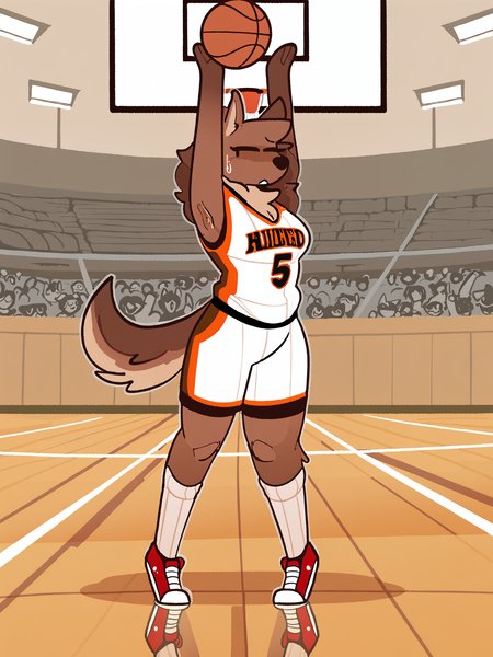 (masterpiece, best quality, very aesthetic, absurdres, artist:xenopavilia, aliasing) (indoors), 1girl, solo, basketball uniform, basketball court, reflective floor, crowd, number on jersey, gym shorts, sneakers, socks, jumping, throwing ball, sweatdrop, canine, dog, anthro, fluffy fur, brown fur   <lora:Xenopavilia_Style_Ill:1>