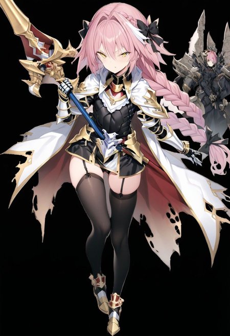 masterpiece, best quality, ultra-detailed, beautiful, nai3, 1girl, solo, full_body, tachi-e, 
astolfo \(fate\), 1boy, armor, black thighhighs, braid, cape, full body, garter straps, gauntlets, hair between eyes, hair ribbon, holding, holding polearm, holding weapon, lance, long hair, male focus, otoko no ko, pink hair, polearm, ribbon, riding, single braid, solo, thighhighs, torn cape, torn clothes, weapon, yellow eyes