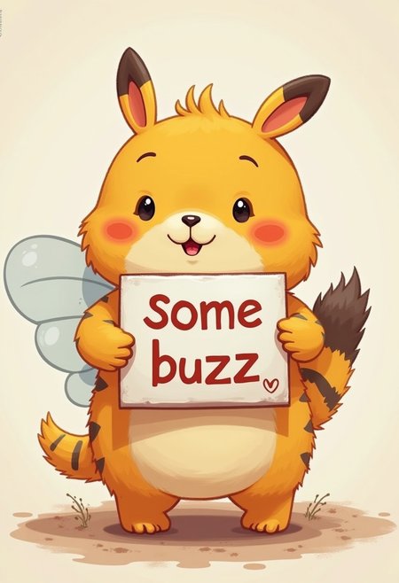 cute animal holding a sign " some buzz  ", anime style