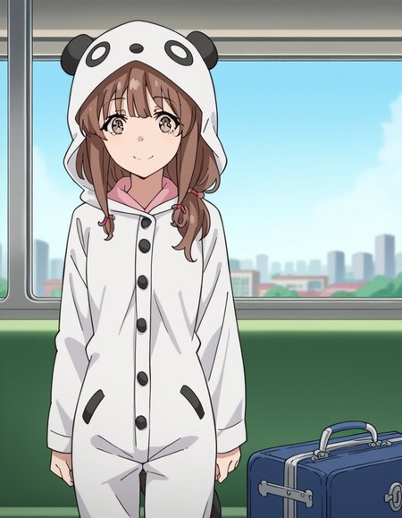 score_9, score_8_up, score_7_up, source_anime, <lora:kaede-azusagawa-s1-ponyxl-lora-nochekaiser:1>, kaede azusagawa, long hair, bangs, brown hair, brown eyes,, animal ears, tail, hood, pajamas, animal hood, animal costume, panda ears,, train station, waiting for train, suitcase, traveling, commute, city skyline, smile, looking at viewer, solo,, cowboy shot, dutch angle