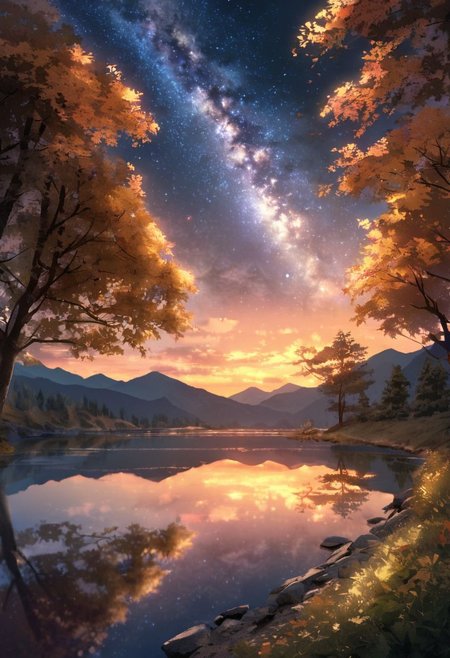 Create a breathtaking landscape that evokes awe and wonder. Picture a serene, pristine lake nestled among towering snow-capped mountains. The mountains should reflect perfectly in the crystal-clear water, with their peaks bathed in the golden hues of a setting sun. Surround the lake with a lush forest of evergreen trees, their rich green contrasting beautifully with the vibrant autumn foliage of nearby deciduous trees in shades of red, orange, and yellow. Add a meandering path along the lake’s edge, inviting viewers to imagine a peaceful walk. Include a clear, starry sky emerging as the sun sets, with a hint of the Milky Way visible. Enhance the scene with soft, glowing light to create a magical, almost otherworldly atmosphere.