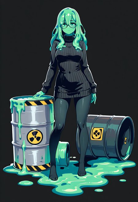 masterpiece, best quality,   t0x1c, solo, 1girl, monster girl, slime girl,  standing, full body, pantyhose, glasses, black dress, sweater, drum (container), long hair, simple background, long sleeves, white background, full body,   ,  <lora:ToxicBarrel_IXL:1.0>,