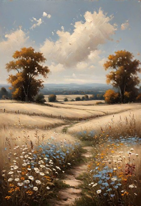wildflower field landscape, vintage oil painting, antique landscape, country field autumn wall, no bold color, muted neutral, beige color theme with light blue and cream accents --ar 16:9 --style raw --stylize 250