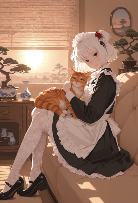 masterpiece, best quality, very aesthetic, highly detailed, absurdres, 1girl, solo, maid, maid apron, black dress, short skirt, long sleeves, black mary jane shoes, white lace pantyhose and maid headdress, white embroidery, pale skin, rose hair ornament, white hair, white eyelashes, white eyebrows, black eyes, glossy lips, short hair, two side up, head tilt, smile, lidded eyes, petting cat, orange tabby cat in lap, sitting on sofa, looking at viewer, looking aside, from side, 
indoors, bonsai tree, end tables, relaxing, warm tone, ((sunlight through venetian blinds)), porcelain collection, fancy paintings, dawn, morning, sunrise, ambient light, soft light, comiks,fgg, no lineart, flat color
