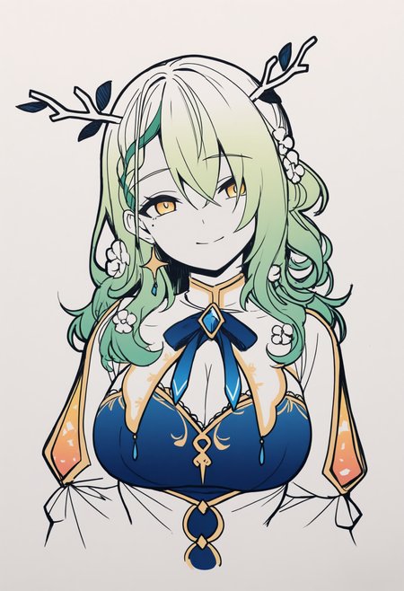 masterpiece, best quality, 1girl, solo, F4unaDef, yellow eyes, mole under eye, green hair, antlers, long hair, braided bangs, hair flowers, blue ribbon, two-tone dress, blue dress, white dress, spot color, greyscale, monochrome, lineart, sketch, graphite \(medium\), traditional media, cropped torso, looking at viewer, smile, head tilt, three quarter view, <lora:ChamCeresFaunaNoob:1>