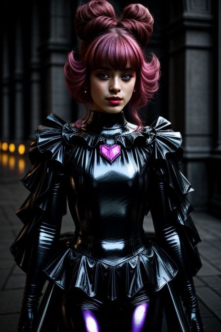 evil corrupted young princess wearing dark pastel (ruffled:1) (gleaming rubber:1.5) EvlSM DarkPrecure Bad_End_Precure gown with (long rubber cape:1) and rubber elbow bridal gauntlets, (Perfect Face:1), soft lighting, glossy red lips, ruffles,
