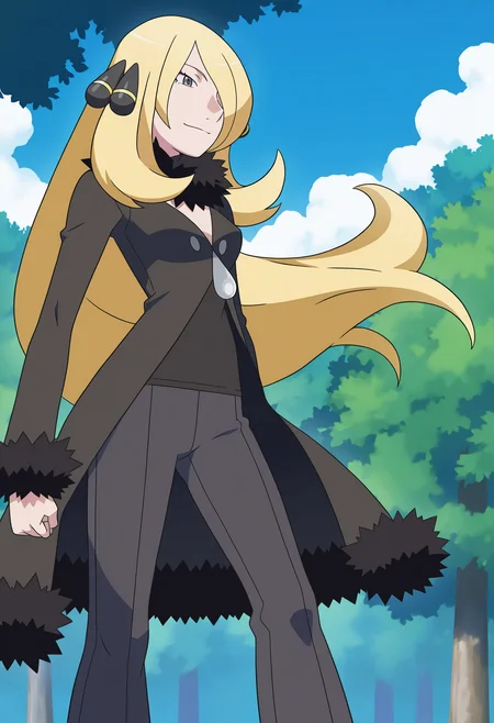 (watanabe akio:0.6), monogatari \(series\), promotional art, highres, absurdres, newest, masterpiece, best quality,
BREAK
1girl, cynthia \(pokemon\), blonde hair, hair over one eye, very long hair, grey eyes, eyelashes, hair ornament,
black coat, fur-trimmed coat, pants, shirt, fur collar, long sleeves, 
outdoors, forest, blue sky,  <lora:CynthiaIllustriousXL_byKonan:1>