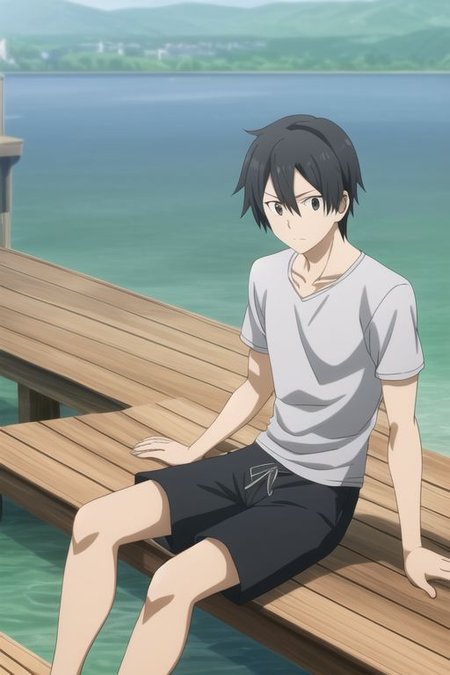 high resolution, professional photography, best quality, 1Boy, Kazuto Kirigaya, Black Hair, Black Eyes, wooden pier, sit, natural lake, shirtless, shorts, twilight,