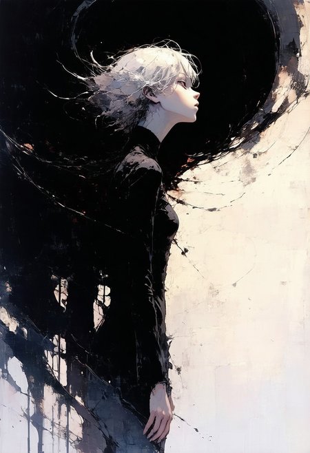 ,anime art , by Ashley Wood, young  woman,, An abstract, dreamlike body, of a young hair queen  with a mesmerizing Turing Patterns background, where the black color creates an illusion of depth, producing a parallax effect that draws the viewer's eye in, as if the subject is emerging from a vortex of swirling, dark, and mysterious patterns, her face a blend of soft, ethereal features and sharp, geometric lines, with a three-quarter view that invites the viewer to step into her world, where the boundaries between reality and abstraction blur.