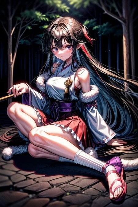 masterpiece,  best quality 1girl Setsun4 solo long hair,  (night time) forest background black hair very long hair purple eyes multicolored hair armor (fur trim) (medium body),<lora:EMS-179-EMS:0.800000>,<lora:EMS-293862-EMS:0.800000>ascot, bare shoulders, black footwear, detached sleeves, embellished costume, frills, japanese clothes, nontraditional miko, red skirt, sandals, sarashi, skirt, socks, armor, miko