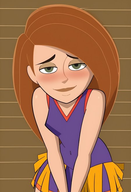 Kim, Standard cheerleading outfit, bending over, 
small breasts, perfect boobs, naked, looking at viewer, smile, mouth closed, embarrassed, blushing, sexy look, naughty look, closed mouth, 
bedroom,