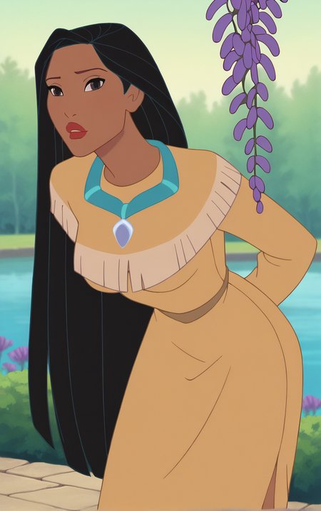 score_9, score_8_up, score_7_up, looking at viewer,  BREAK
TribalDress_Pocahontas_ownwaifu, 
1girl, black eyes, black hair, dark skin, red lips, long hair, dark-skinned female, lipstick, jewelry, necklace, makeup, lips, very dark skin, hair over shoulder, medium breasts, 
yellow dress, dress, yellow shirt, long sleeves, poncho,
(leaning forward, arms behind back), cowboy shot, garden, wisteria, outdoors, <lora:PONYXL_PocaHontas_ownwaifu_r1:0.85> , depth of field, solo,