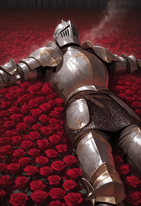 1boy, masterpiece, highres, knight, dirty armor, lying on a field of roses, roses everywhere, dust, field of flowers, top view <lora:add-detail-xl:1> <lora:PHM_style_IL_v3.3:1>