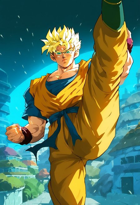 safe_pos, score_9,score_8_up,score_7_up, 1 man,
FgohanSS, blonde hair,super saiyan, green eyes,
dougi, blue footwear, boots, wristband toned body,pale, alluring, raw lighting, glare, detailed, standing split, 
mature man,muscle, different poses, detailed background, correct fingers,  clear day, clear lighting,  leg up, kick up, city at night,snowing