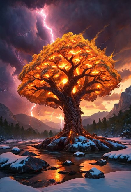 (by Ellen Jewett:1.5), (Fiery orange Bioluminescent Impressionism with lightning, mountain landscape, The Dreamland, Gibson Great  Mountains, rock, sky, giant tree, great grand tree on mountains, great fire, great lightning, scenery, great great magical tree, sunset, sunrise , stream, lightining, snow and ice, ethereal landscapes, depth of field, biotech emotion:1.3) <lora:xl_more_art-full_v1:0.5> <lora:add-detail-xl:1> , ral-wlfnte <lora:RMSDXL_Creative:2>