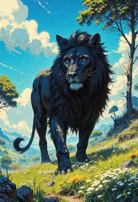 (soft bloom)
A majestic black lion walking gracefully through a lush green savannah under a bright blue sky with fluffy white clouds. The scene is vibrant and full of life, with sunlight casting warm highlights on the lion's fur and creating dynamic shadows in the grass. The environment is rich in detail, featuring soft wind-blown grass, delicate flowers in the foreground, and tall trees in the background. The style blends anime aesthetics with a semi-realistic approach, emphasizing clean lines, vivid colors, and a harmonious composition. Cinematic lighting enhances the sense of movement and grandeur