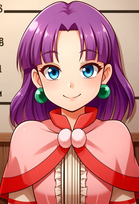 <lora:HyLper-Accelerate-PAseer:1> score_9, score_8_up, score_7_up, best quality, uncensored, source_anime,
BREAK
1girl, grandia-sue, purple hair, long hair, hair ribbon, blue eyes, green earrings, capelet, pink dress, grandia-sue outfit, striped socks, brown shoes,
front view, closed mouth, little smile, standing, mugshot, looking at viewer, upper body, portrait, close-up face, facing viewer, indoors,
<lora:grandia-sue_XL(pony)v11:1>