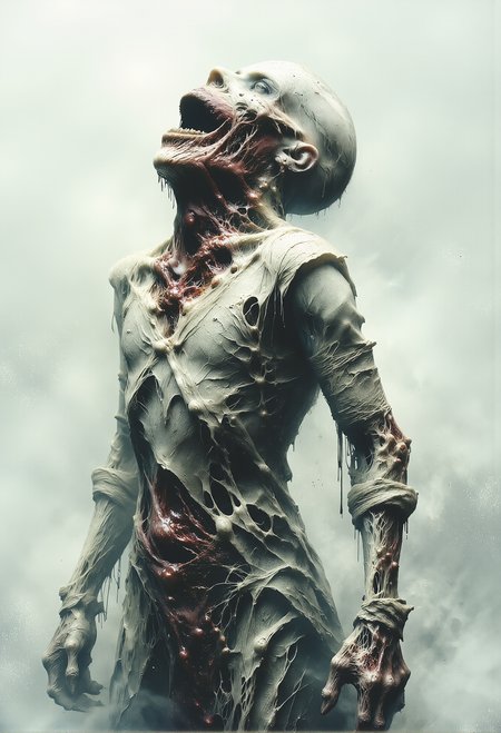 Thin zombie. Disturbed. Pain. White skin. Grotesque. Disgusting. Wrapped in bandages. Bloody. Distorted. Cramped. Inhibited. White, misty background. fog. scream in agony. tilt head back.  <lora:Elden_Ring_-_Yoshitaka_Amano.safetensors:1.0>,  <lora:- Flux1 De-Distilled - temp_haunting_cre_1.0.safetensors:1.0>,  <lora:aiai-Glimra-Flux-Dev-v2.safetensors:0.75>,  <lora:dark_fantasy_flux.safetensors:0.5>,