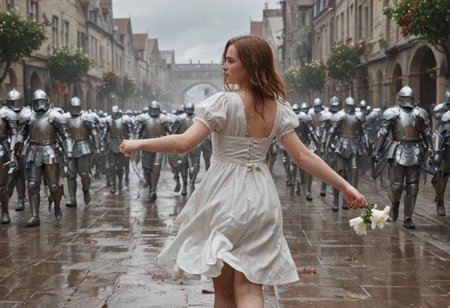 1 girl with an army of knights.
(happy little girl in clean white dress) runs with a white flower in her hand towards background (facing away) from camera. back turned.
(The Army of Knights is covered with blood and wounds), marching from right to left in background.
Masterpiece, DonMSt34mPXL, Realistic Lightning, Cinematic Lightning, Dark Lightning, Rain, Puddle, Clouded Sky, medieval, fantasy, pedestrians, Cape, Reflection, 1girl, army