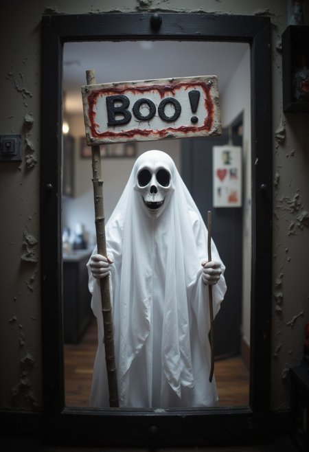 A friendly ghost holding up a sign that says "Boo!" in a funny Halloween meme.
, aidmaHalloweenBoost, aidmaHyperrealism, aidmaimageupgrader, aidmaabdhr, aidmafluxpro1.1