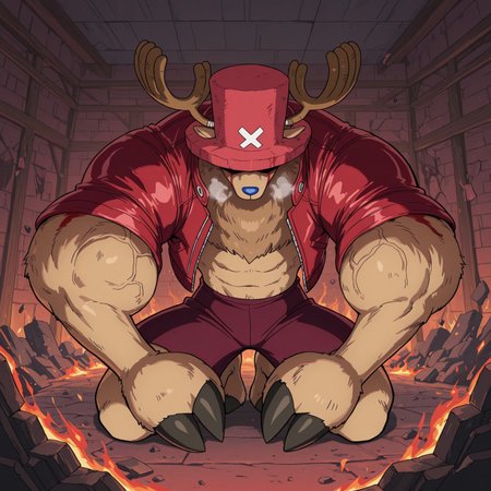 2d, 1boy, solo, Armchopper, male, brown fur, reindeer, antlers, light red top hat, white X on hat, maroon shorts, blue nose, animal ears on hat, thin arms, big muscular shoulders, big biceps, hooves, dark brown fluffy neck, red leather jacket, open jacket, short sleeves, 

BREAK  bruises everywhere, bleeding, bleeding from head, injured, visible breath, kneeling, looking at viewer, tired, (obscured eyes)

BREAK best quality, amazing quality, very aesthetic, absurdres, newest, masterpiece, high quality, ((red hue, surrounded by fire, fire everywhere, indoors, smoke, debris, burning interior)),