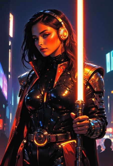 Comic art style, full body artwork of a Female augmented human with loose black and orange hair, street clothes, with a lightsaber, glowing-neon-trim, cyberpunk, portrait, glowing slit-pupil eyes, razr kitty style mechanical cat-ear headphones, cybernetic limbs, cyberpunk neon city background, rain, detail, Frank Frazetta fantasy oil painting