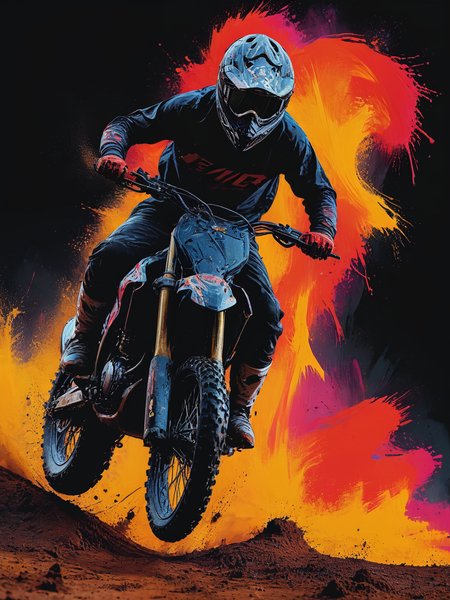 impactful color paint of abstract extreme motocross,   <lora:Bold_Pop:0.6>  ...........  highly detailed, vibrant colors , 8k, sharp, professional, clear, high contrast, high saturated, , vivid deep blacks, crystal clear