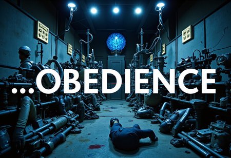 the words ...OBEDIENCE' written in large font fills the front of frame. In the back of frame weird man with in a dark room with checkerboard blue lotus PEOPLE ARE trapped inside machinery, people crushed inside mechanical gears, high gore arms crushed and bent, signs of wailing, people in business suits trapped in machinery. floors with blood on the ground with a white interior cyber tech electricity electical circuits illuminati symbols with brains and vaginas with high technology alchemical background lightning bolts