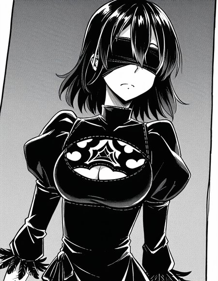 score_9, score_8_up, score_7_up, source_anime, sakiyoshida, <lora:saki-yoshida-manga-ponyxl-lora-nochekaiser:1>, saki yoshida, long hair, hair between eyes, monochrome, greyscale, black hair,, <lora:2b-cosplay-ponyxl-lora-nochekaiser:1>, 2bcosplay, 2b \(nier\:automata\) \(cosplay\), gloves, long sleeves, dress, puffy sleeves, black dress, clothing cutout, cleavage cutout, juliet sleeves, feather-trimmed sleeves, blindfold, black blindfold, covered eyes,, wasteland,, cowboy shot, dutch angle,