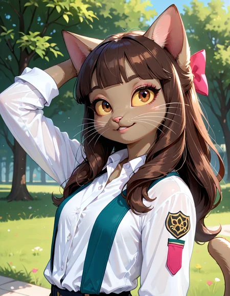 masterpiece, best quality, very aesthetic, absurdres,
outdoors, 
headshot, head tilt, 
button up shirt,
seductive smile, parted lips, long eyelashes,
 <lora:Ivy_Pepper_v01_NAIXL:1>
1vyP3pp3r,1girl,solo,furry,furry female,cat girl,cat ears,brown hair,hair bow,long hair,blunt bangs,brown eyes,yellow sclera,animal nose,whiskers,body fur,cat tail,