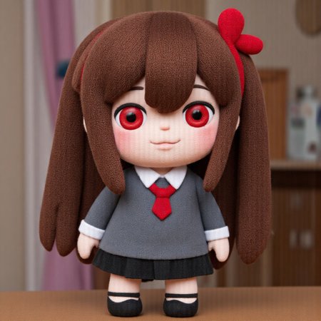 A plush of a chibi girl with big red eyes and long brown hair,Taka Chibi,realism style,detailed,stitches bedroom ,background,