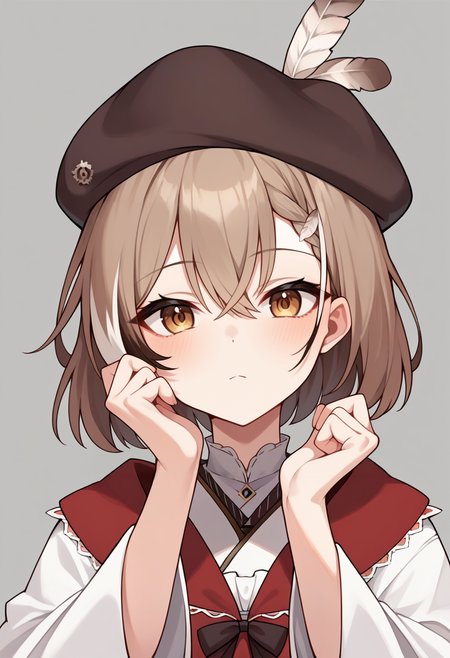 score_9,score_8_up,score_7_up,score_6_up,score_5_up,score_4_up,
1girl, nanashi mumei, virtual youtuber, bob cut, red shawl, braided bangs, beret, feather hair ornament, white kimono, wide sleeves, lace-up boots
simple background, grey background, solo, looking at viewer, cowboy shot, 
<lora:mumeiponyxl1:1>
