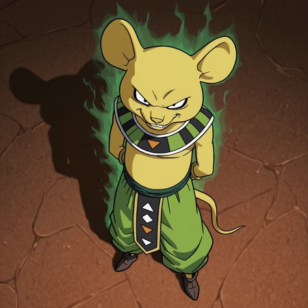 2d, solo, 2d, 1boy, solo, Quitela, male, furry, furry male, mouse, animal ears, yellow fur, yellow nose, yellow tail, yellow body, tooth, black eyes, black fingernails, golden bracelets, green baggy pants, dark green sash belt, brown shoes, Egyptian clothing, 

BREAK standing, abstract background, green aura, looking up at viewer, from above, evil grin, hands behind back

BREAK best quality, amazing quality, very aesthetic, absurdres, newest