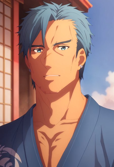 score_9,   <lora:Bercouli_Synthesis_One:1> bercouli synthesis one, 1boy, bercouli synthesis one, blue hair, earrings, facial hair, japanese clothes, jewelry, looking at viewer, short hair, solo, stubble