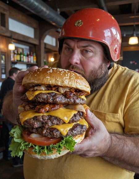 A photograph of an obese man  in a tavern holding a massive cheeseburger. The cheeseburger is larger than he is, it is absolutely gigantic. the man wears a yellow shirt and a red half-helmet, with a look of excitement as he grabs into this massive burger.