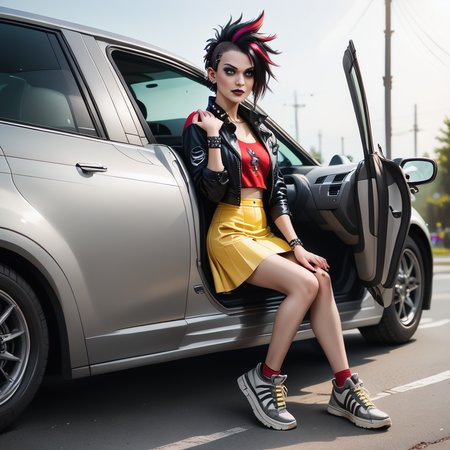 score_9, score_8_up, score_7_up, score_6_up, score_5_up, score_4_up,  slim girl sitting in gray car,  gooc,  sneakers, short yellow skirt, red blouse , (dark short punk hairstyle) .
 <lora:GetOutOfCarPony:.7>